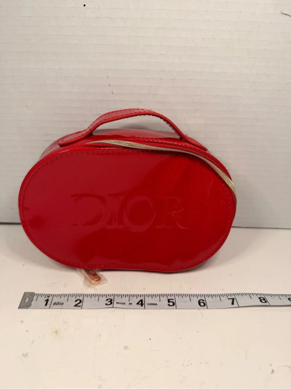 New Dior Beauty Red Patent Oval Cosmetic Toiletry Pouch with Handle
